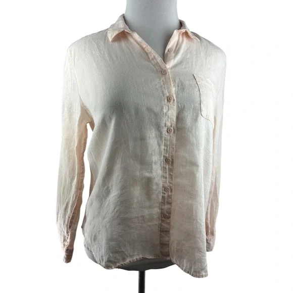 Garnet Hill Linen Button Up Pocket Shirt Light Pink Sheer Long Sleeve Size 12 - Picture 11 of 16